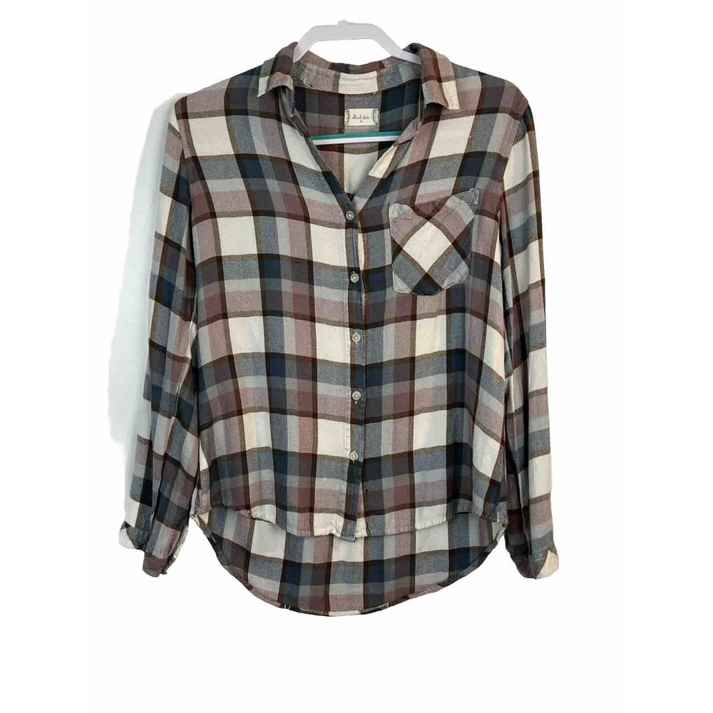 Altar'd State Plaid Button Down Women Medium Brown Blue Plaid Flannel Style